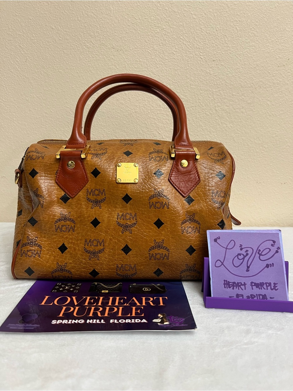 MCM Brown Visetos Logo Satchel with Cognac Leather Trim